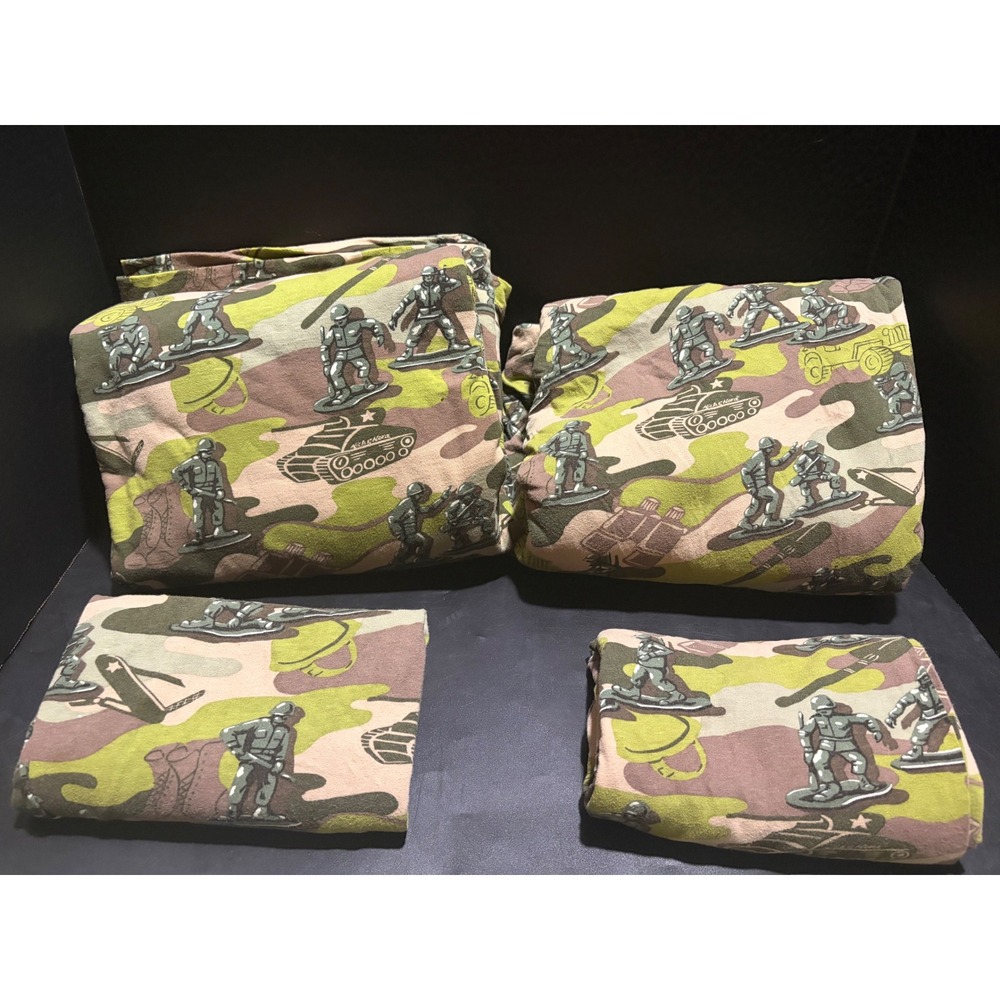Rare Nick & Nora Queen Green Army Men Toy Soldiers Camo Sheet Set EUC Jersey VTG